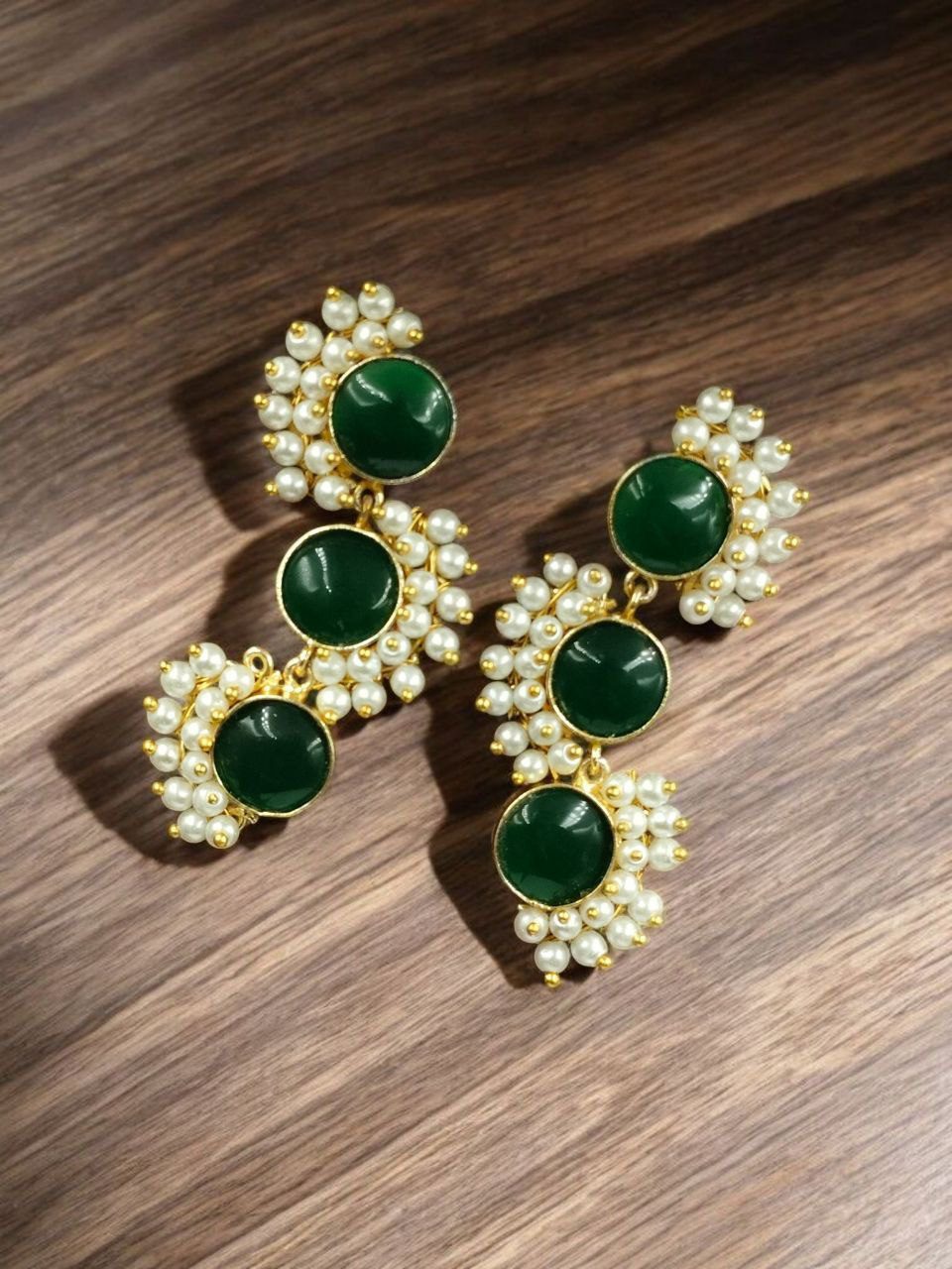 Gold plated Round stone with beads touch earring
