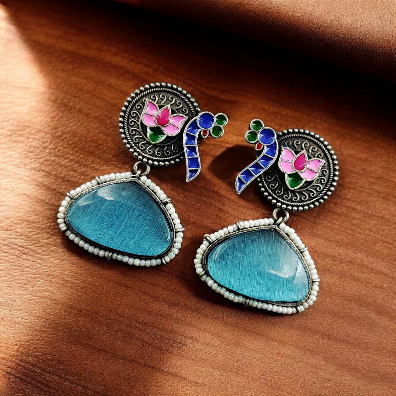 Designer peacock touch with Hand-painted With Beautiful Monalisa Stone Earring
